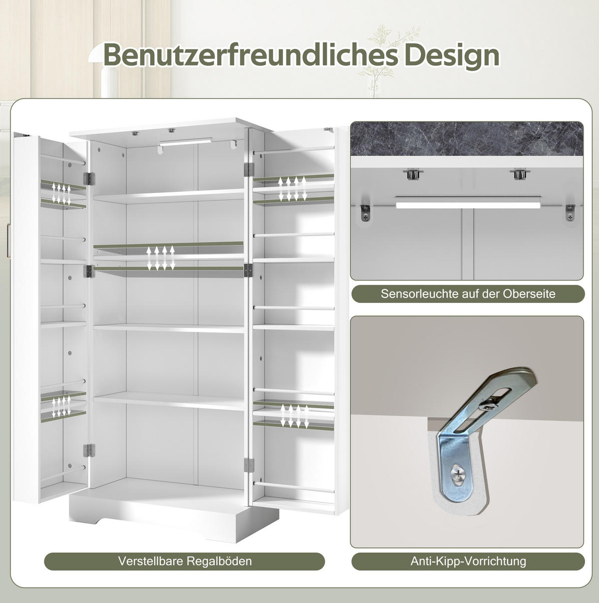 BUFFET 60/35/128 cm in Weiß mit LED-Beleuchtung und verstellbaren Böden - Weiß, Holzwerkstoff (60/128/35cm) - Flora Grace