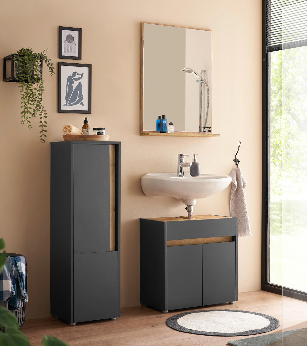 BADMÖBEL-SET 3-teilig grau matt, Wotan Eiche, Badkombination 114 cm - Eiche Wotan/Schwarz, Glas/Holzwerkstoff (116/200/34cm) - Furn.Design