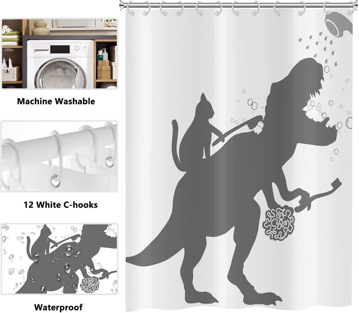 DUSCHVORHANG Weiß Katze Dinosaurier lustig waschbar Stoff mit Haken - Weiß, Textil (200/180cm) - MCBOSON