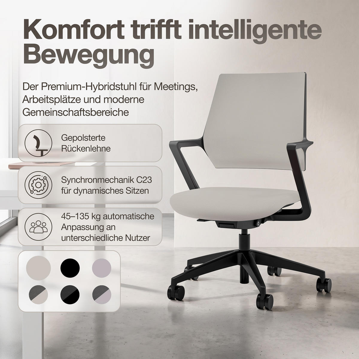 DREHSTUHL Ergonomischer Bürostuhl Asolo mit Polsterrücken / Weiß Ergonomischer Polsterrücken - Weiß, Textil (59.5/97.5/45cm) - ASSMANN
