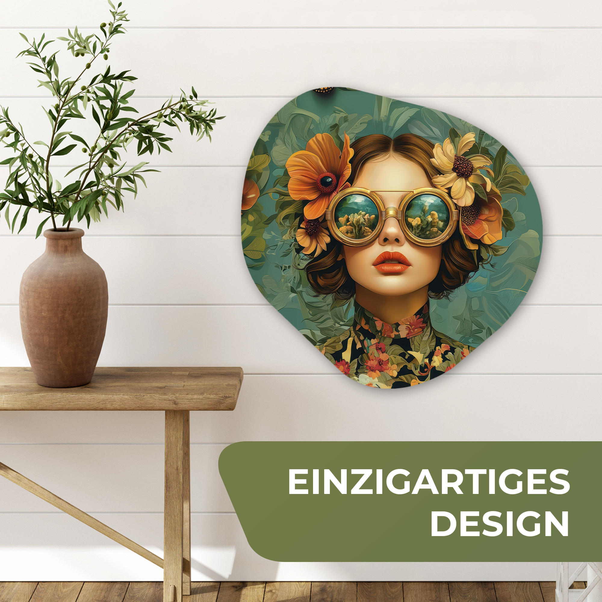 WANDBILD Frau - Blumen - Schmetterlinge - Natur - Vintage 60x60 cm - Petrol, Kunststoff (60/60cm) - MuchoWow