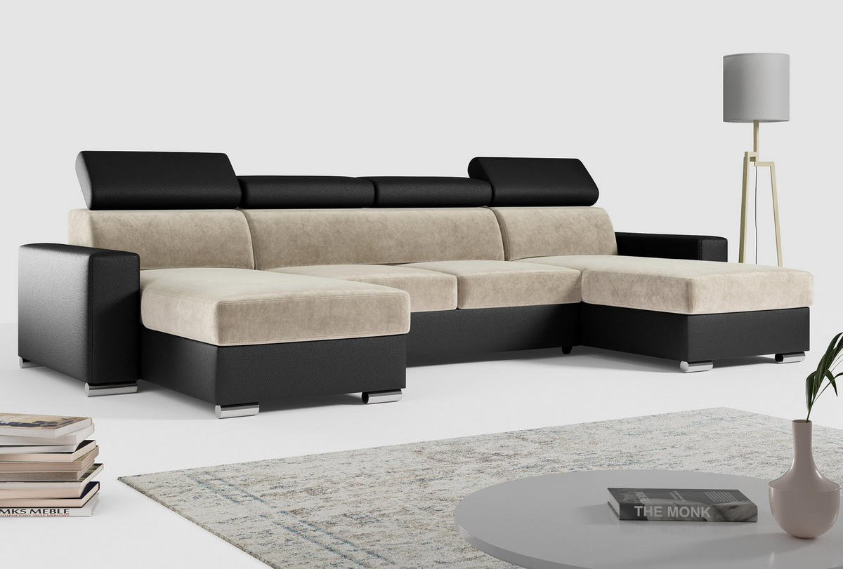 WOHNLANDSCHAFT FOX U Beige/Schwarz - Velvet/Kunstleder - Beige/Silberfarben, Kunststoff/Textil (306/98/168cm) - MKS