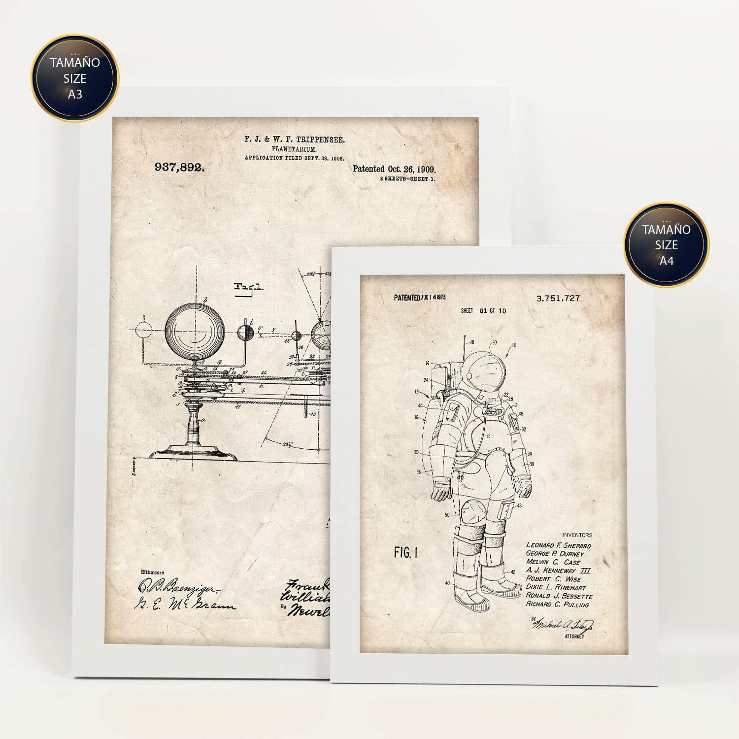 POSTER Set Mit 6 Plakaten Mit Astronaut Patenten Im Vintage Stil A3 & A4 Weißer Rahmen - Weiß, Papier (29/3cm) - Nacnic