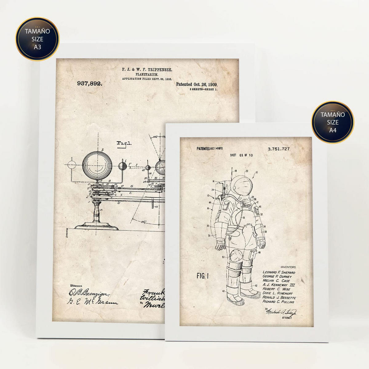 POSTER Set Mit 6 Plakaten Mit Astronaut Patenten Im Vintage Stil A3 & A4 Weißer Rahmen - Weiß, Papier (29/3cm) - Nacnic