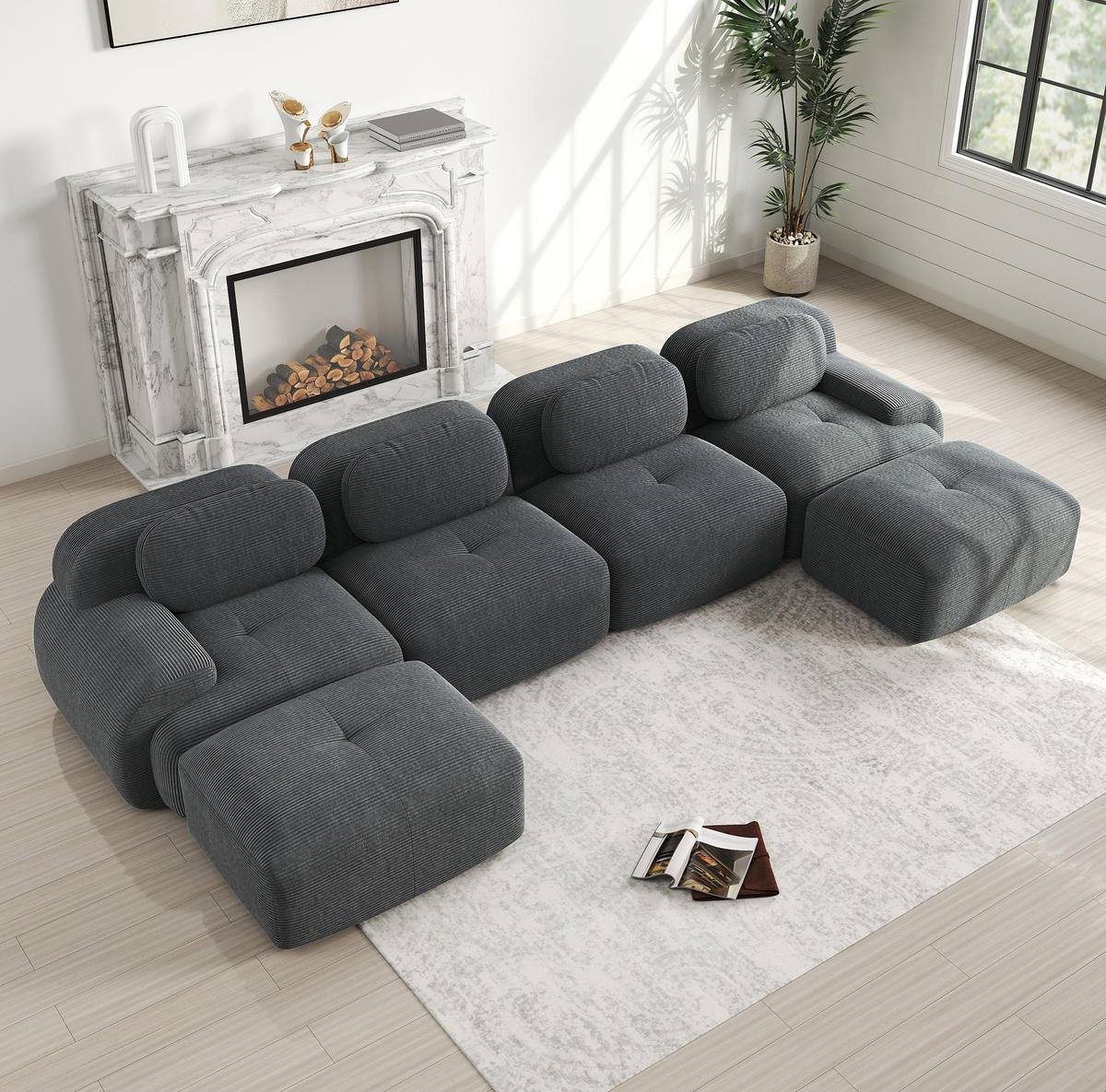 ECKSOFA modular rahmenlos Cordstoff Grey 4-tlg. - Grau, Kunststoff (178/75/388.1cm) - Meubliv