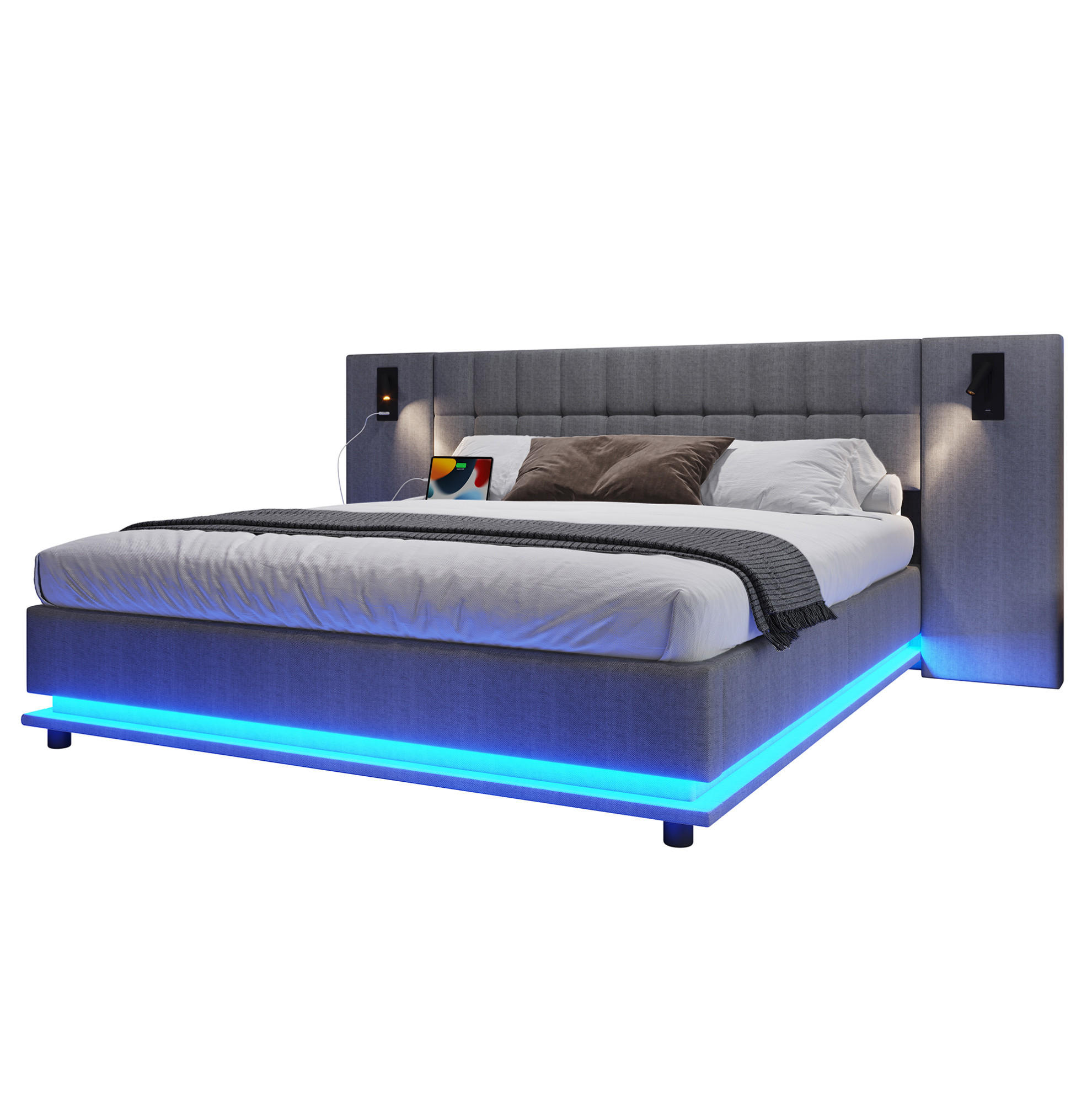 ČALOUNĚNÁ postel s LED páskem, 180/200 cm šedá, s USB a světlem v čele - šedá, textil (180/200cm) - BEAOK