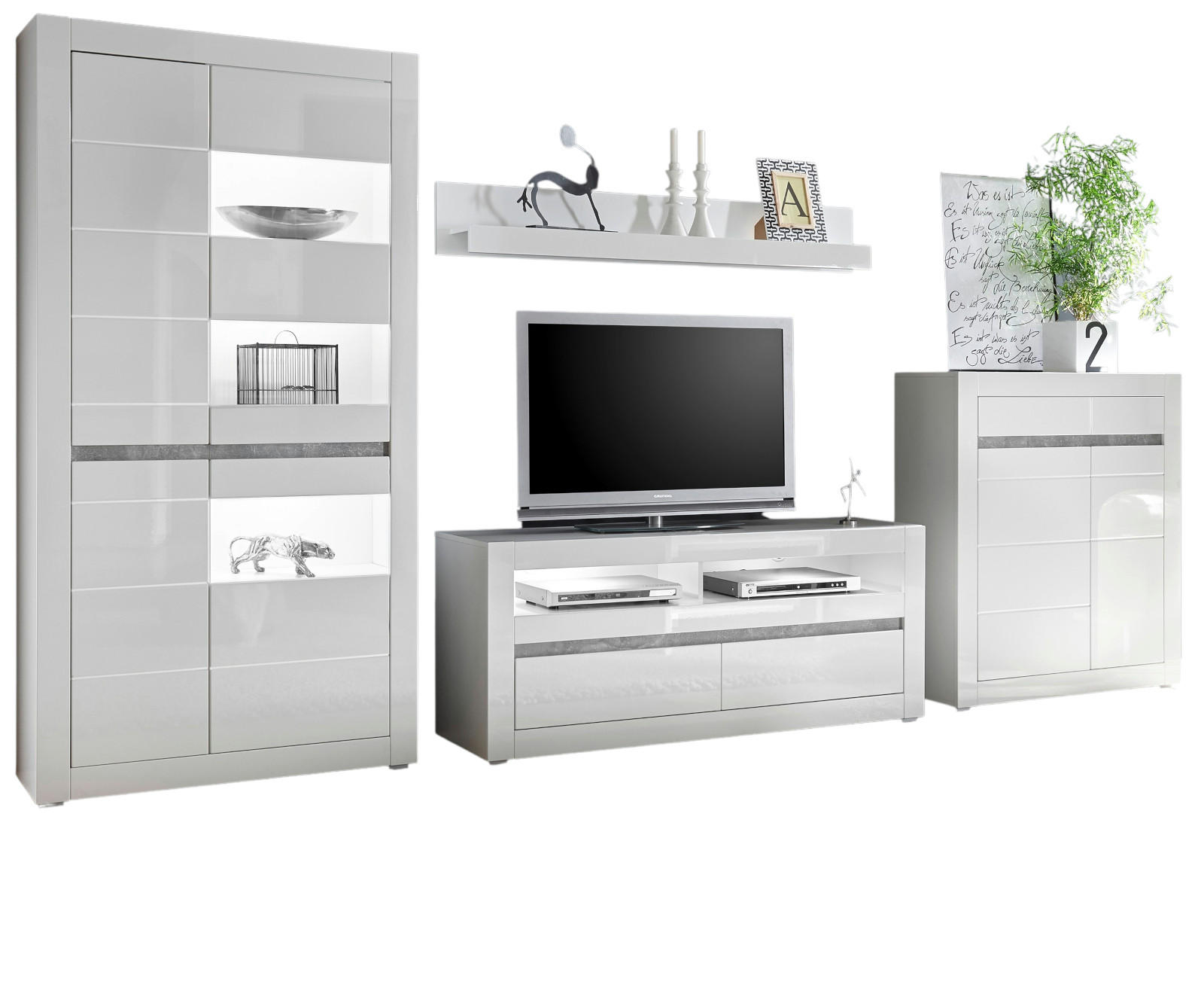 WOHNWAND 4-teilig weiß Hochglanz 370 cm, Schrankwand mit Soft-Close - Weiß Hochglanz/Weiß, Glas/Holz (370/198/42cm) - Furn.Design