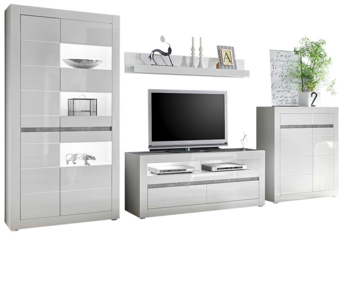 WOHNWAND 4-teilig weiß Hochglanz 370 cm, Schrankwand mit Soft-Close - Weiß Hochglanz/Weiß, Glas/Holz (370/198/42cm) - Furn.Design