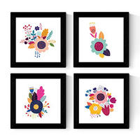 POSTER Set mit 4 bunter Blumen im skandinavischen Stil 20x20cm Schwarzer Rahmen - Schwarz, Papier (20/3cm) - Nacnic