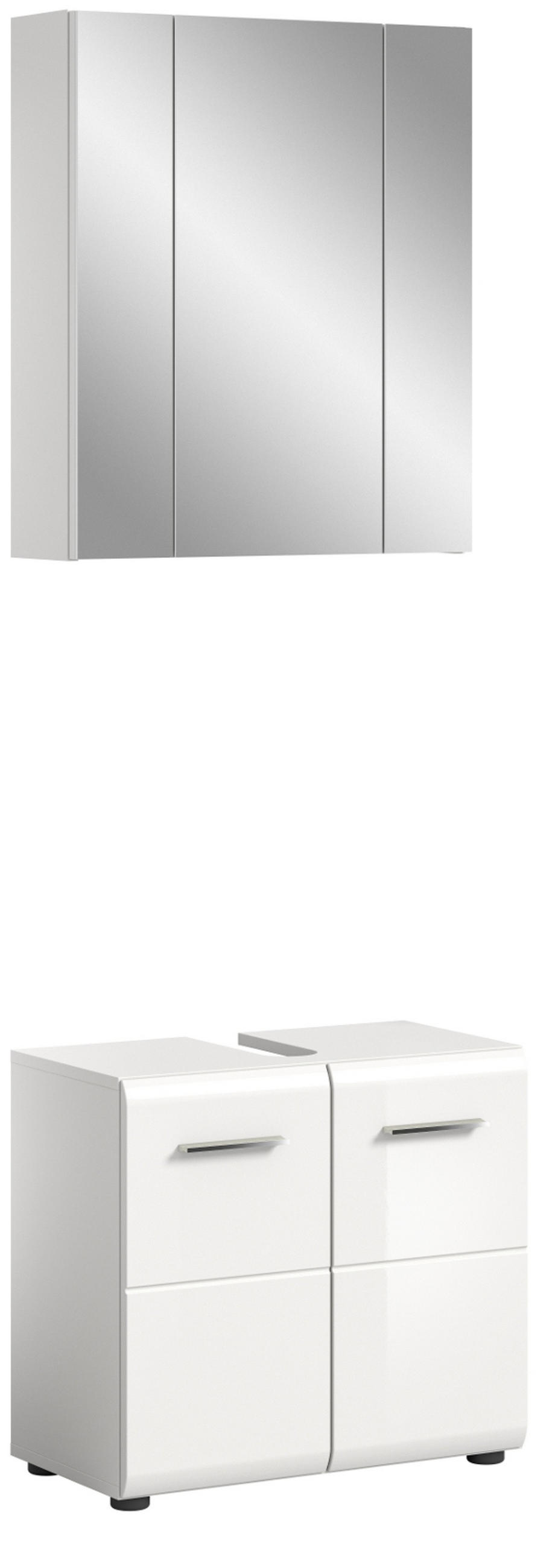 BADMÖBEL-SET weiß Hochglanz 2-teilig, Badkombination 60 cm - Weiß Hochglanz/Silberfarben, Glas/Holzwerkstoff (60/185/30cm) - Inn.Furn