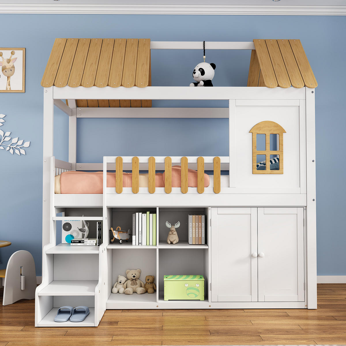 ETAGENBETT 90/200 cm in Weiß & Natur mit Schrank, Regal und Fenster aus Kiefer & MDF - Weiß/Naturfarben, Holz/Holzwerkstoff (90/200cm) - CHICFURN