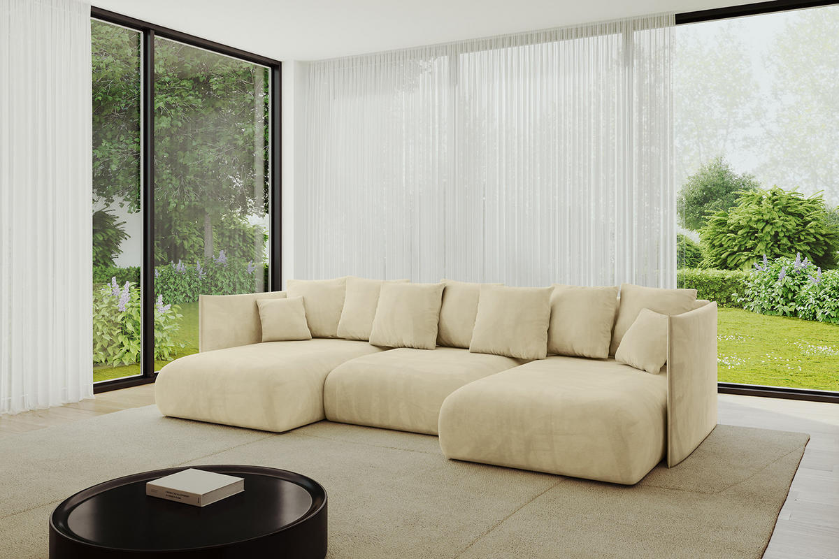 WOHNLANDSCHAFT mit Schlaffunktion und Bettkasten ONESK-U 304x165x40 Beige Velours - Beige, Holzwerkstoff/Kunststoff (304/90/165cm) - ALTDECOR