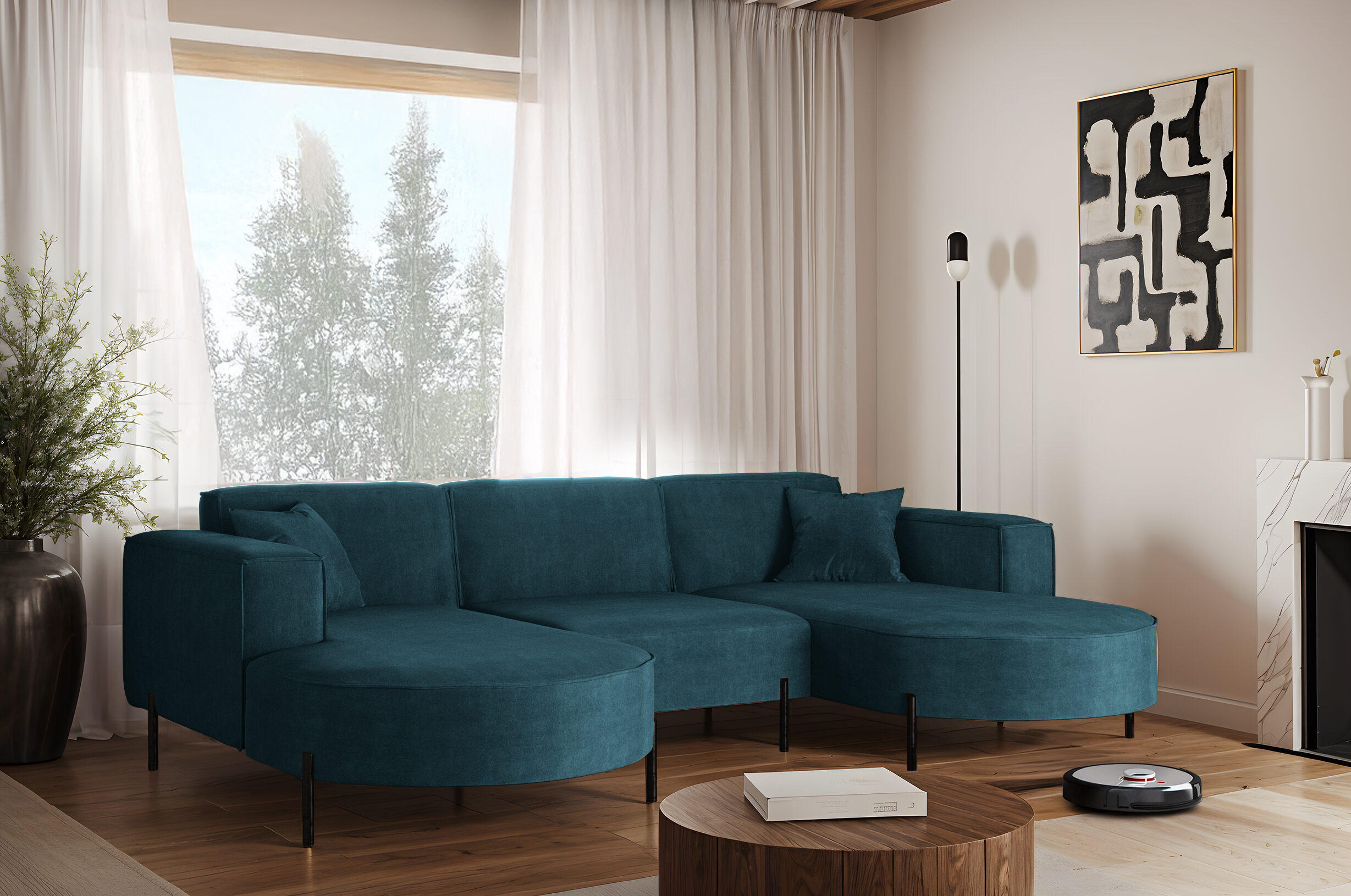 ECKSOFA U-Form Designer Modena Rein Stoff Noel Blau - Blau, Holz (165/299cm) - Kaiser Möbel