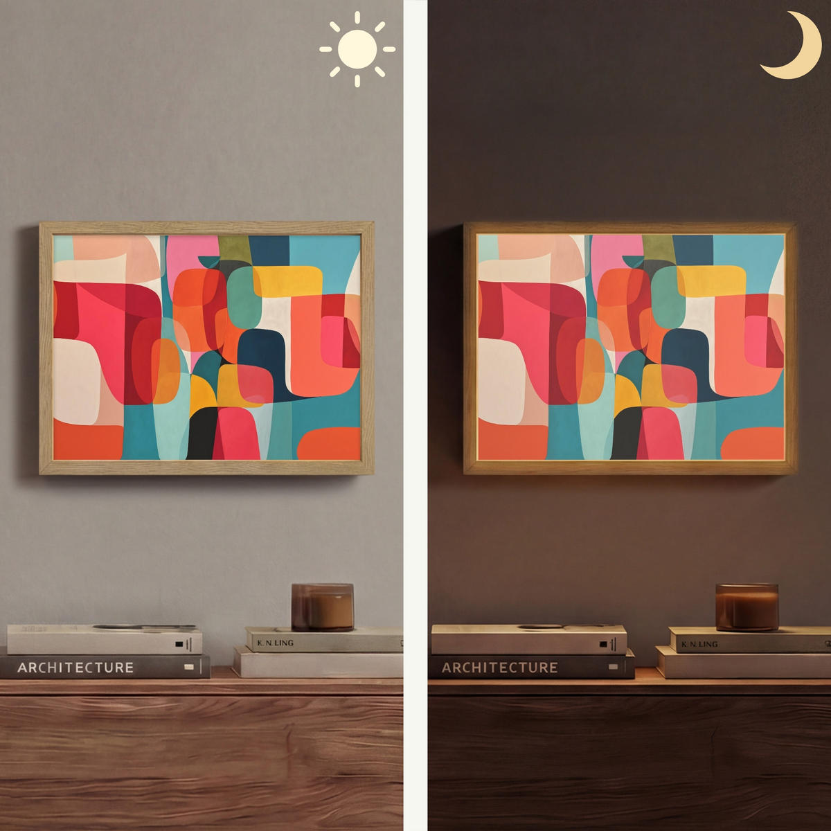 NÁSTĚNNÁ LAMPA S AKUMULÁTOREM Tvary - barevné - abstraktní - letadla 40x30 cm - různobarevná, kompozitní dřevo (40/30/8cm) - OnlyWow