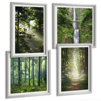 BILDER SET 4er Set - 50x50 cm & 40x60 cm Silberner Rahmen - Grüne Wälder, Lichtstrahlen - Silberfarben, Kunststoff (50/50cm) - TULUP