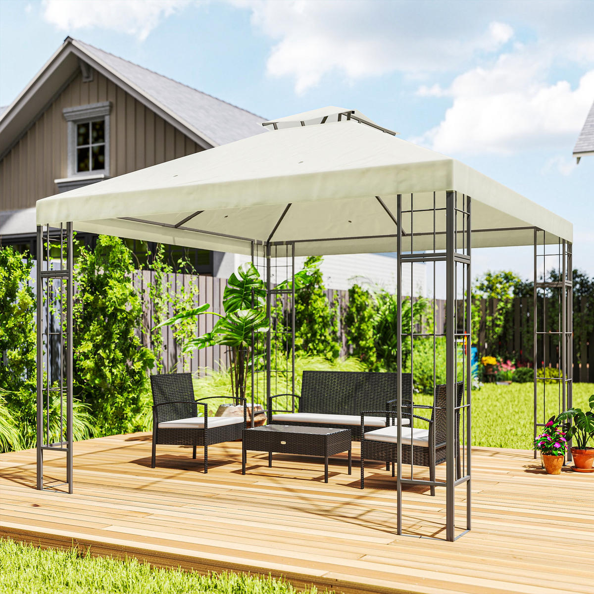 GARTEN-PAVILLON mit Doppeldach, ca. 3x3 m, Sonnenschutz - Weiß, Metall (298/279/162cm) - Outsunny