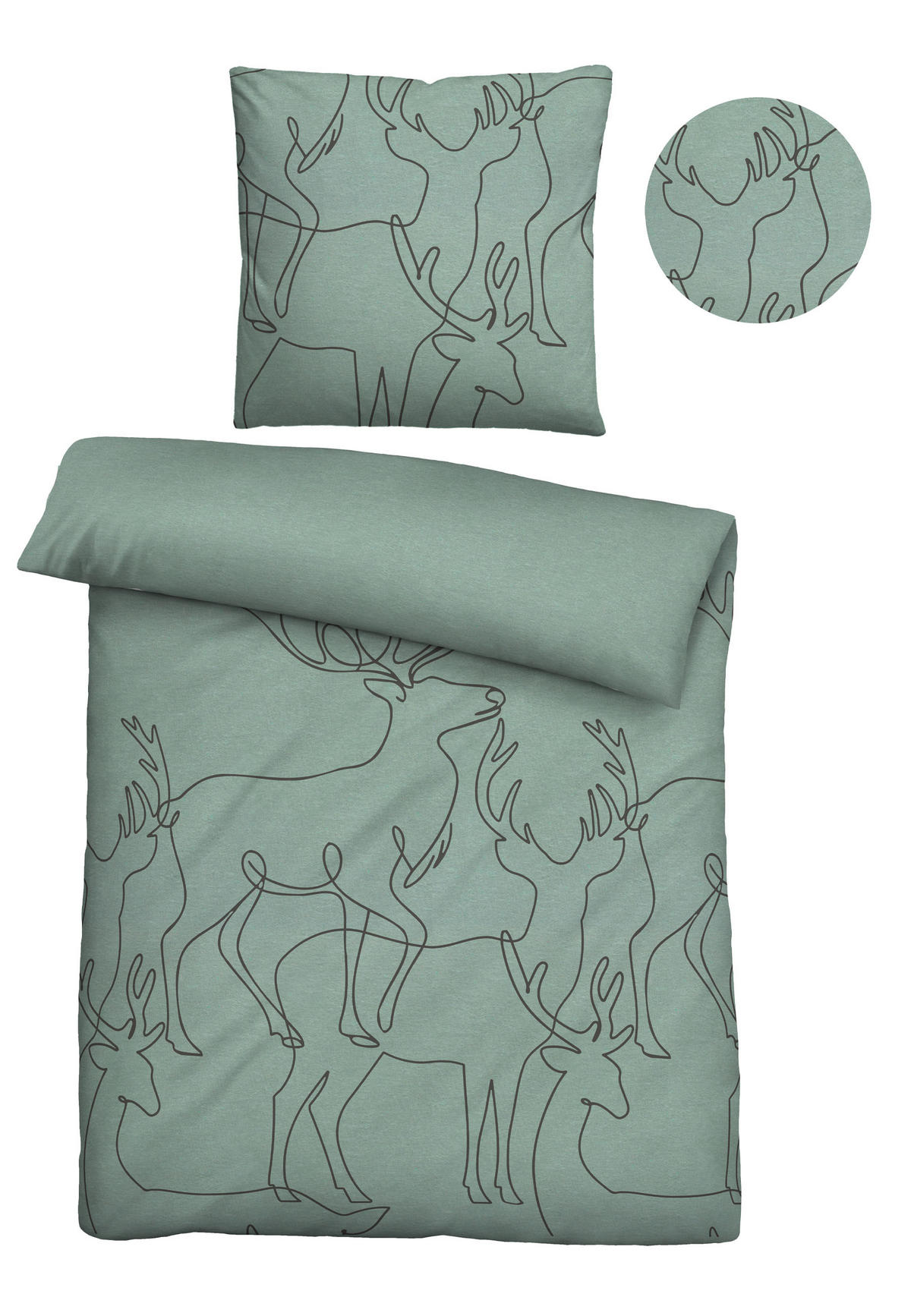 BETTWÄSCHE-GARNITUR Melange Hirsch fichte, 155x220 cm + 80x80 cm - Dunkelgrün, Textil (155/220cm) - biberna