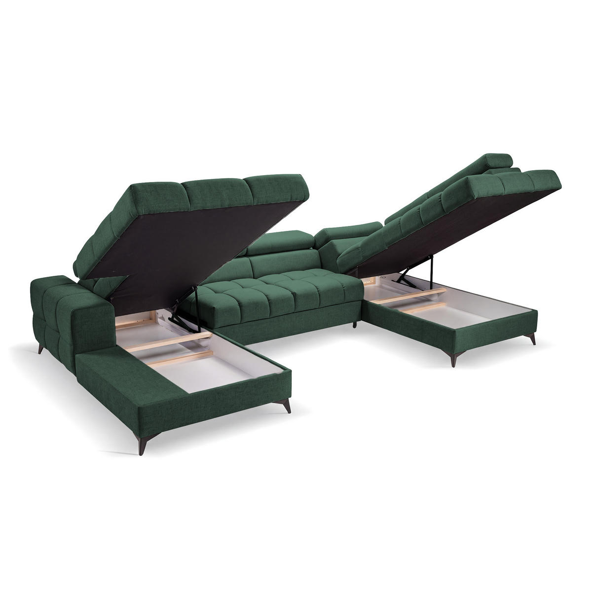 ECKSOFA PUDDING U Links mit Schlaffunktion 125x260 Velours Grün - Schwarz/Grün, Holz/Textil (203/350cm) - Muffo