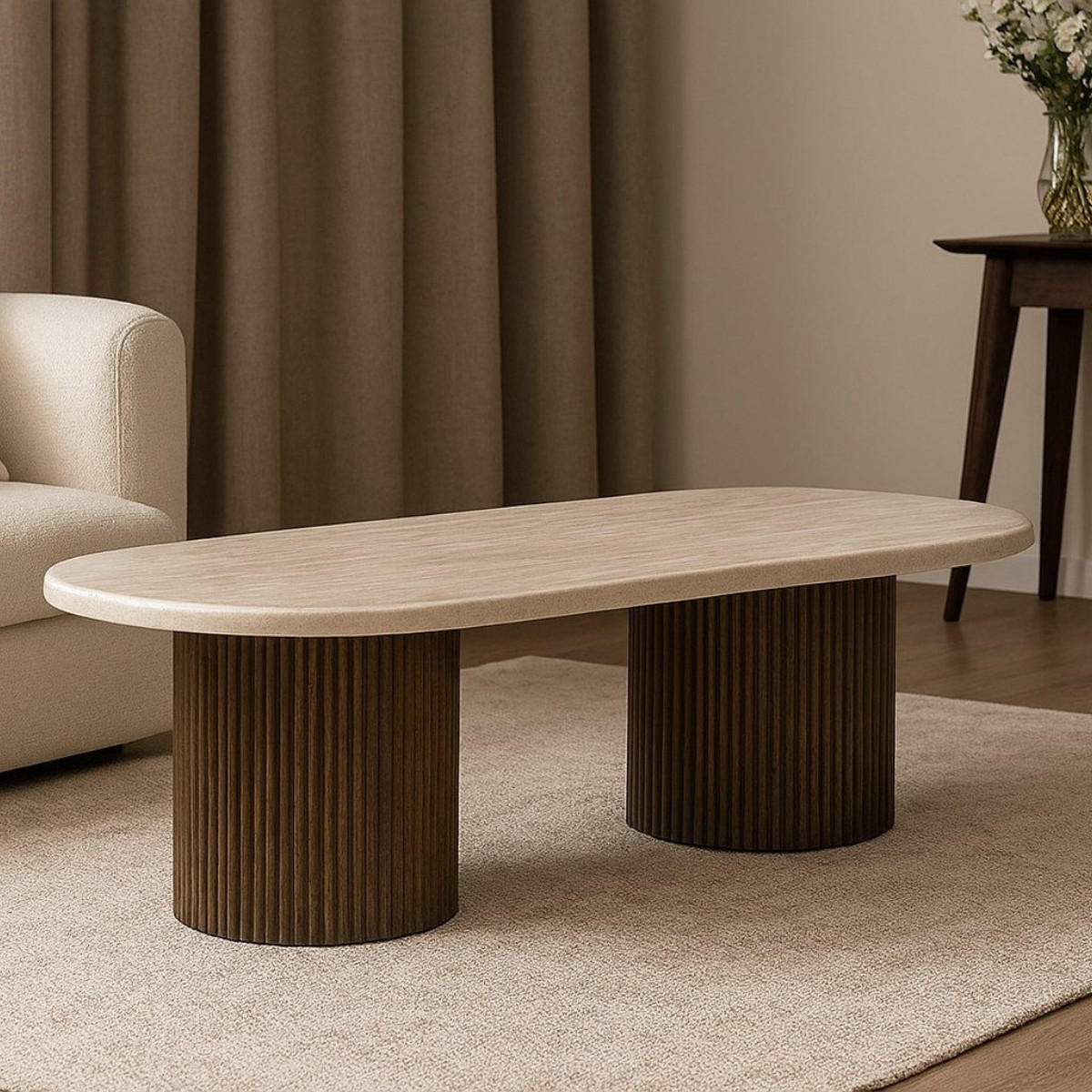MODERNER Couchtisch mit ovaler Travertin-Tischplatte - Beige/Braun, Keramik (70/130/45cm) - alesvelt