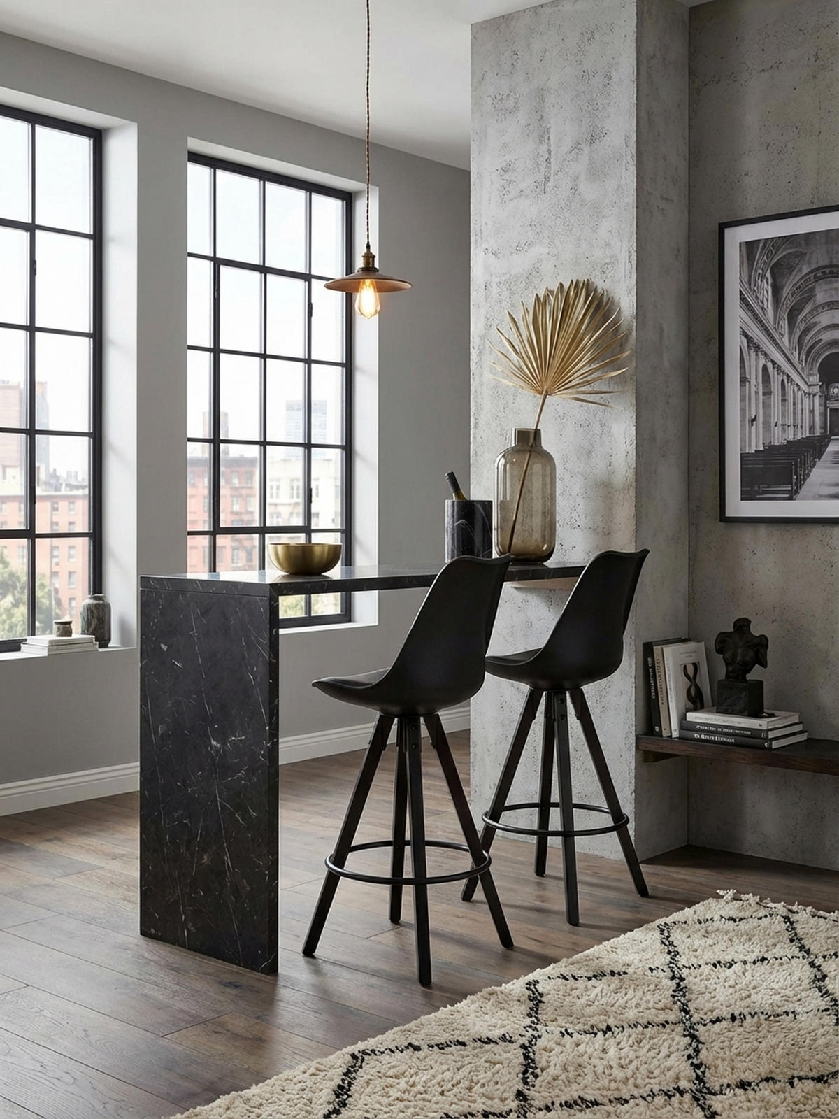 BARHOCKER – Skandinavisch, Kunstleder, Rückenlehne, X-Beine mit Metallring - Schwarz, Holz/Kunststoff (49/113/53cm) - KADIMA DESIGN