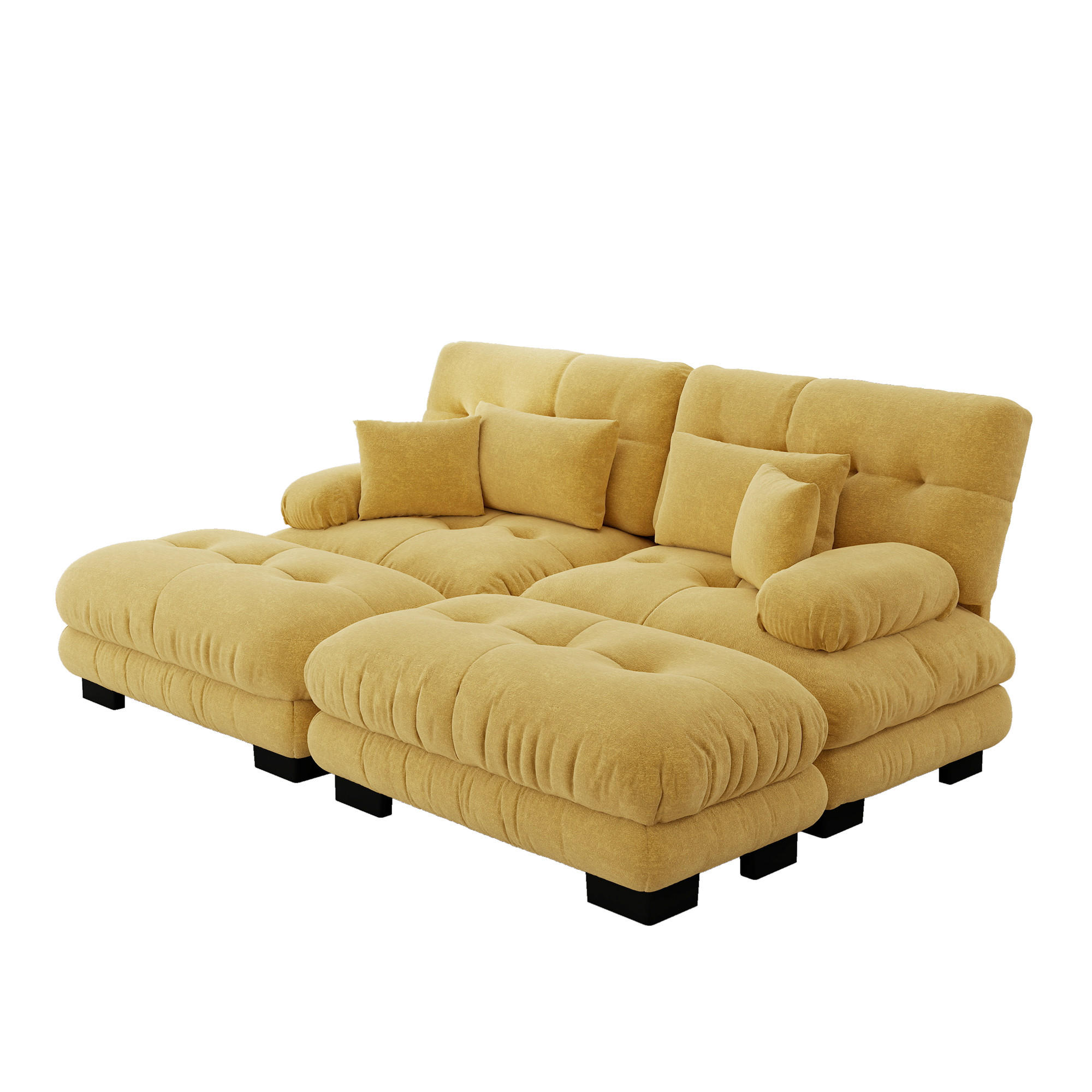2-SITZER SOFA Chenille Gelb mit Lendenkissen, Dekokissen und Ottomans - Gelb, Textil (220/81/145cm) - WISHDOR