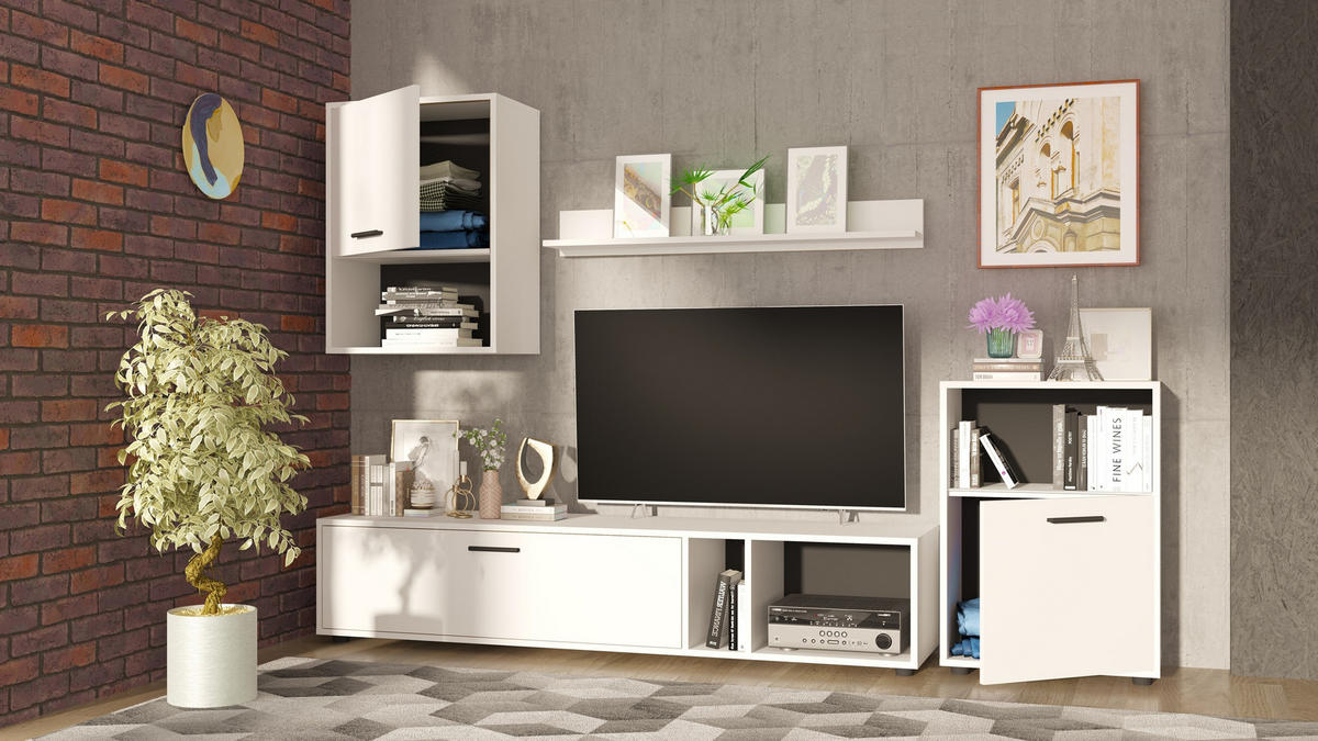 WOHNWAND, 4-er Set RENA SET1 Weiß - Schwarz/Weiß, Holzwerkstoff/Kunststoff (210/190/36cm) - Komodee