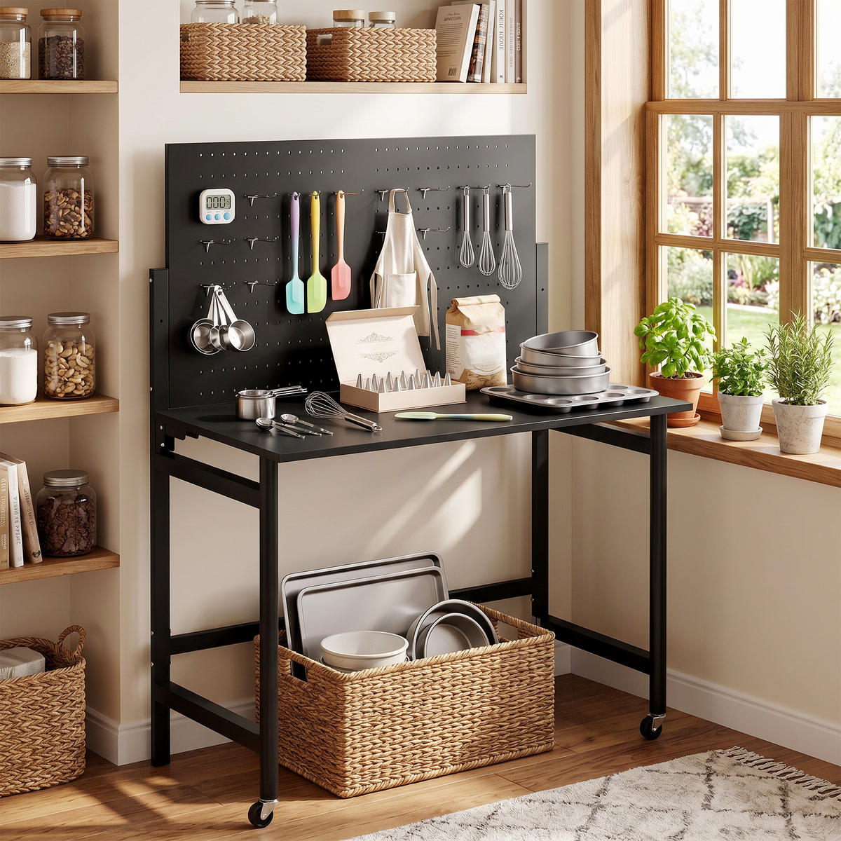 WERKBANK DE-19000 klappbar auf Rollen, mit Lochwand Schwarz - Schwarz, Holzwerkstoff (62/143.5/115cm) - ComfortXL