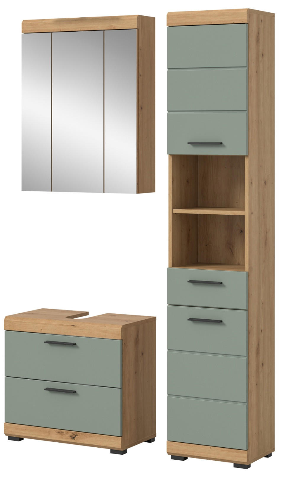 BADMÖBEL-SET Salbei grün, Eiche Artisan 3-teilig 112 cm, Komplettset mit viel Stauraum - Salbeigrün/Schwarz, Glas/Holzwerkstoff (112/191/37cm) - Inn.Furn