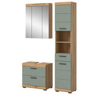 BADMÖBEL-SET Salbei grün, Eiche Artisan 3-teilig 112 cm, Komplettset mit viel Stauraum - Salbeigrün/Schwarz, Glas/Holzwerkstoff (112/191/37cm) - Inn.Furn