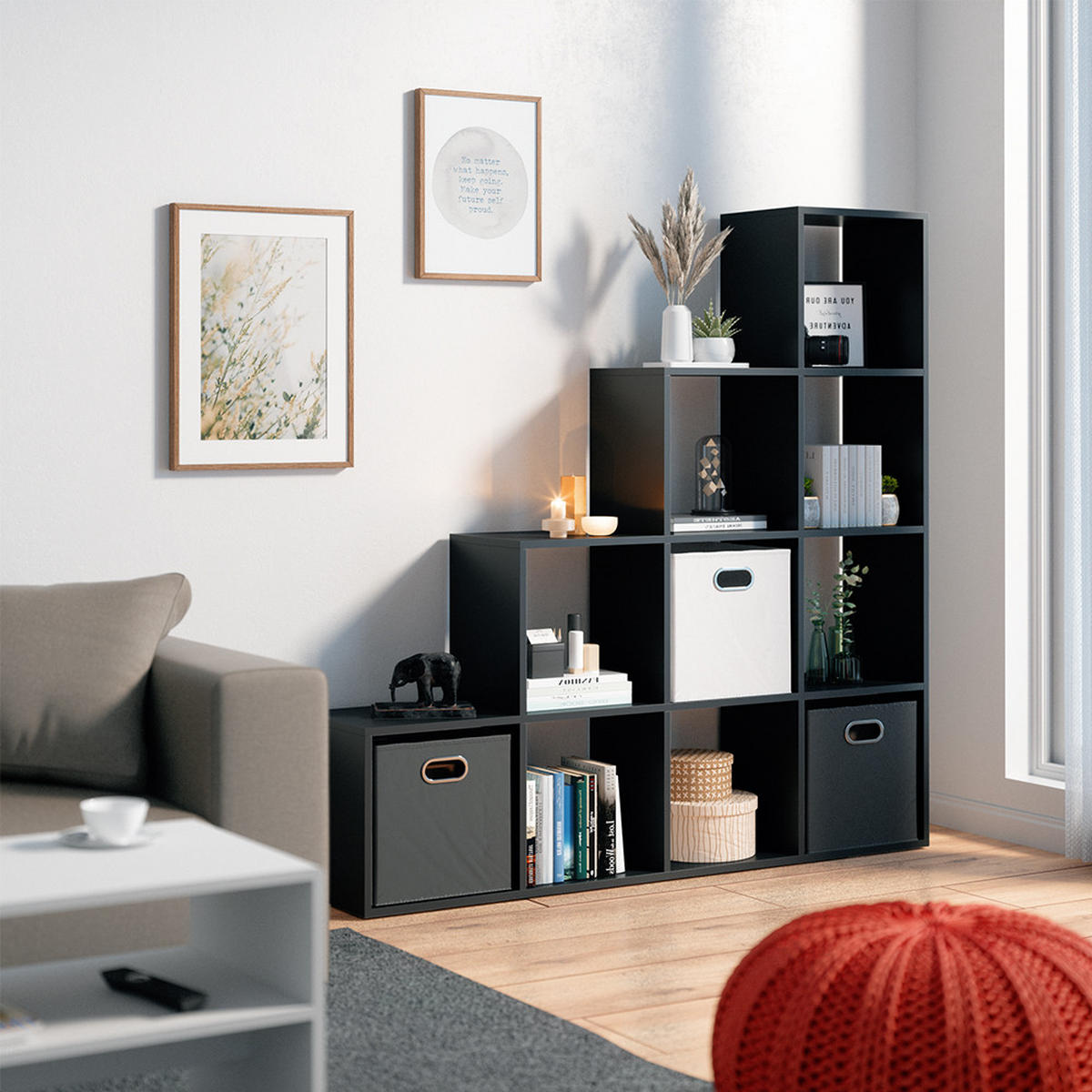 TREPPENREGAL Schwarz 142.5 x 140 cm - Schwarz, Holzwerkstoff (142.5/140/29cm) - Vicco