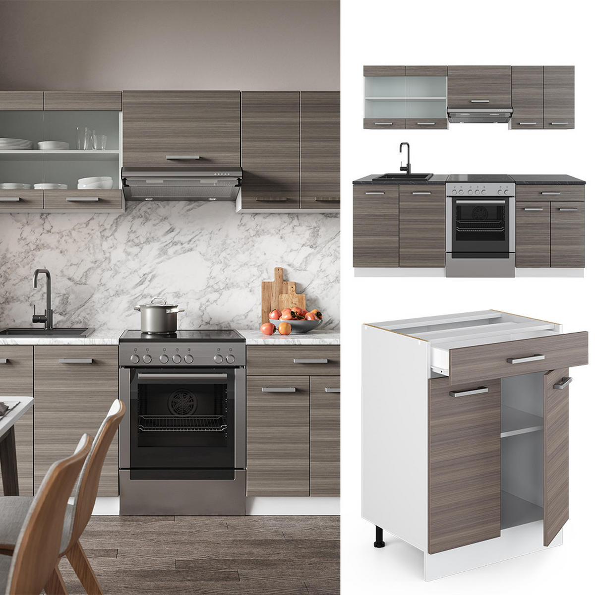 KÜCHENZEILE R-Line Edelgrau/Weiß 200 cm, AP Marmor - Braun/Weiß, Holzwerkstoff (200/81.6/60cm) - Vicco