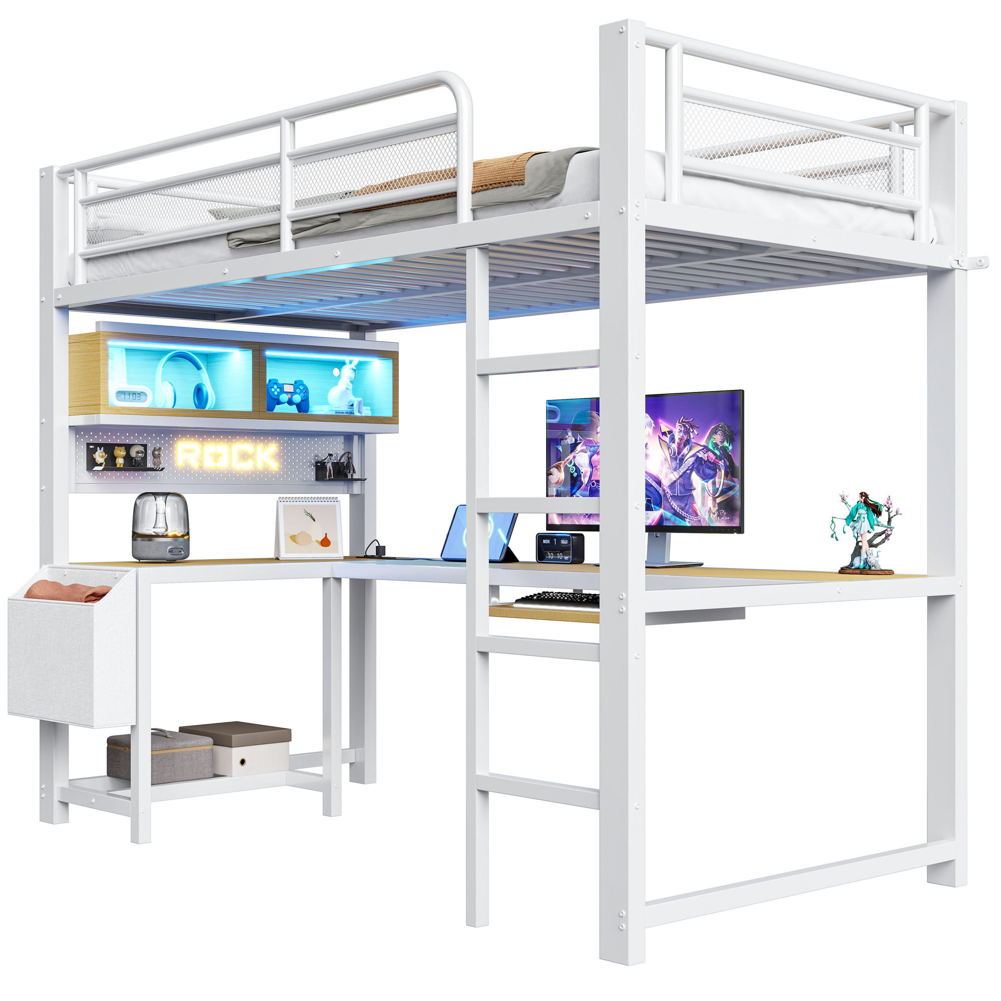 HOCHBETT 90/200 cm in Weiß mit Schreibtisch, LED und USB - Weiß, Holzwerkstoff/Metall (90/200cm) - WISHDOR
