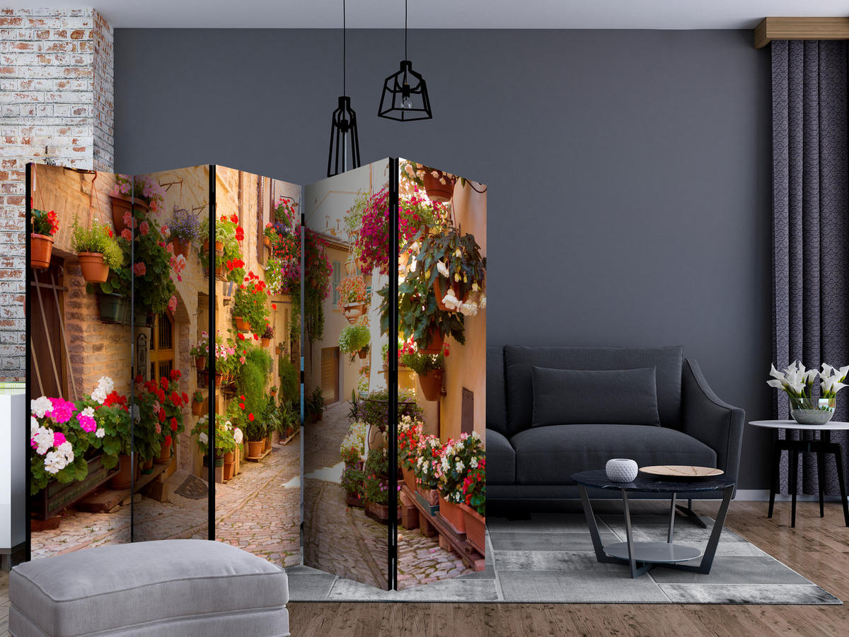 PARAVÁN Jednostranný 5-dielny 225x172 cm Talianska Ulička a Kvety - viacfarebná, drevo/textil (225/172/3cm) - Muralo