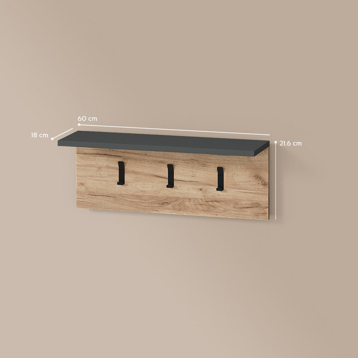 WANDGARDEROBE Ortello Anthrazit/Goldkraft Eiche 60 x 21.6 cm - Honigeiche/Anthrazit, Holzwerkstoff (60/21.6/18cm) - Livinity®