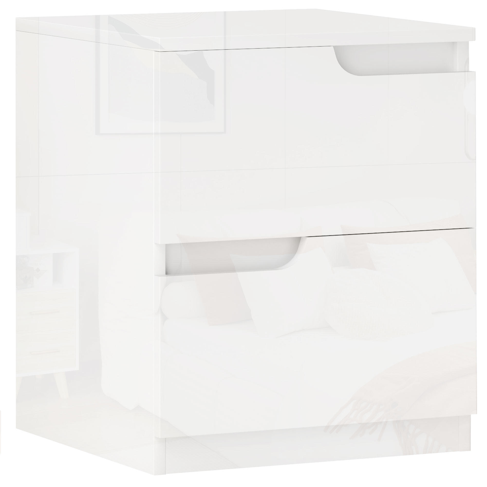 NACHTSCHRANK mit 2 Schubladen, 40 x 40 x 48 cm, Hochglanzweiß - Weiß, Holzwerkstoff (40/48/40cm) - HOMCOM