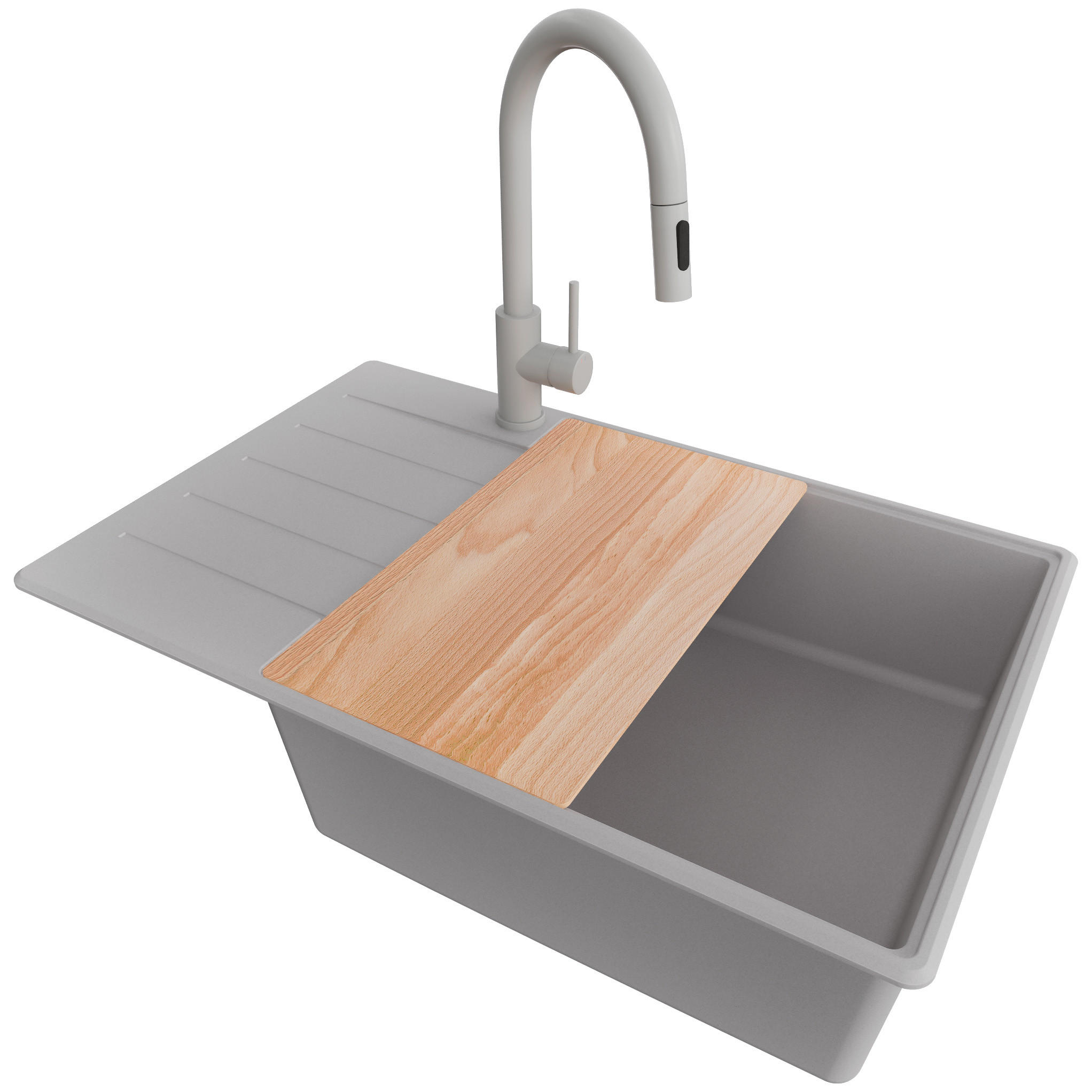 GRANITSPÜLE Kopenhagen, 2-er set Grau 78/50 cm 1 Becken + Küchenarmatur 40/20 cm + Ablauf-Set + Schneidebrett ab 60er Unterschrank - Chromfarben/Beige, Kunststoff (78/20/50cm) - Primagran