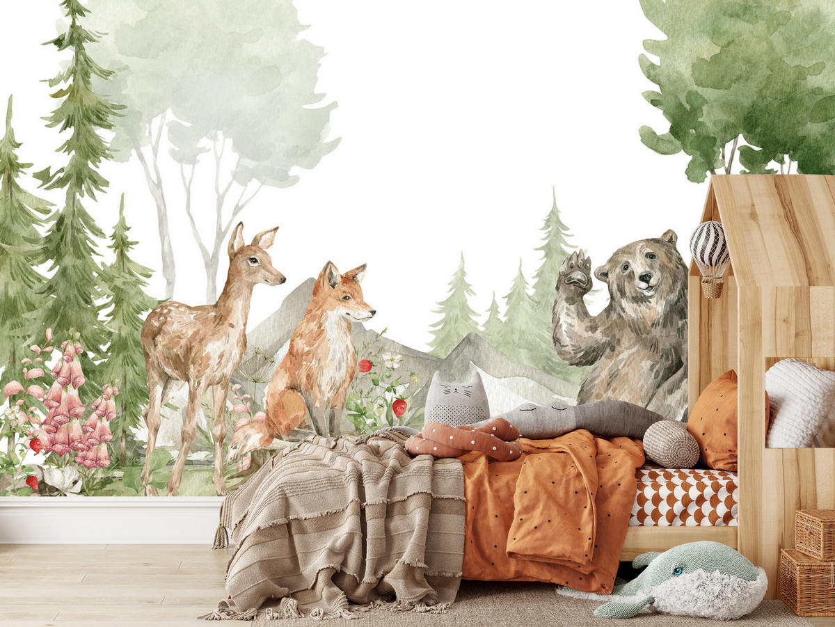 FOTOTAPETE für Kinderzimmer Aquarell Waldtiere Fuchs Reh Tragen 450x315 - Multicolor, Papier (450/315cm) - Muralo