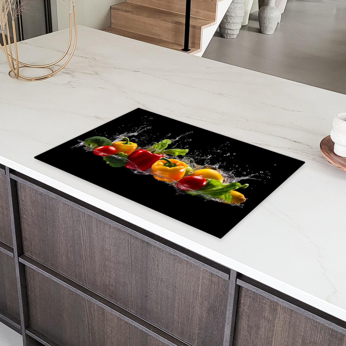 HERDABDECKPLATTE Paprika - Wasser - Gemüse - Schwarz Abdeckung Ceranfeld 81.2x52 cm - Multicolor, Kunststoff (81.2/52/0.2cm) - MuchoWow