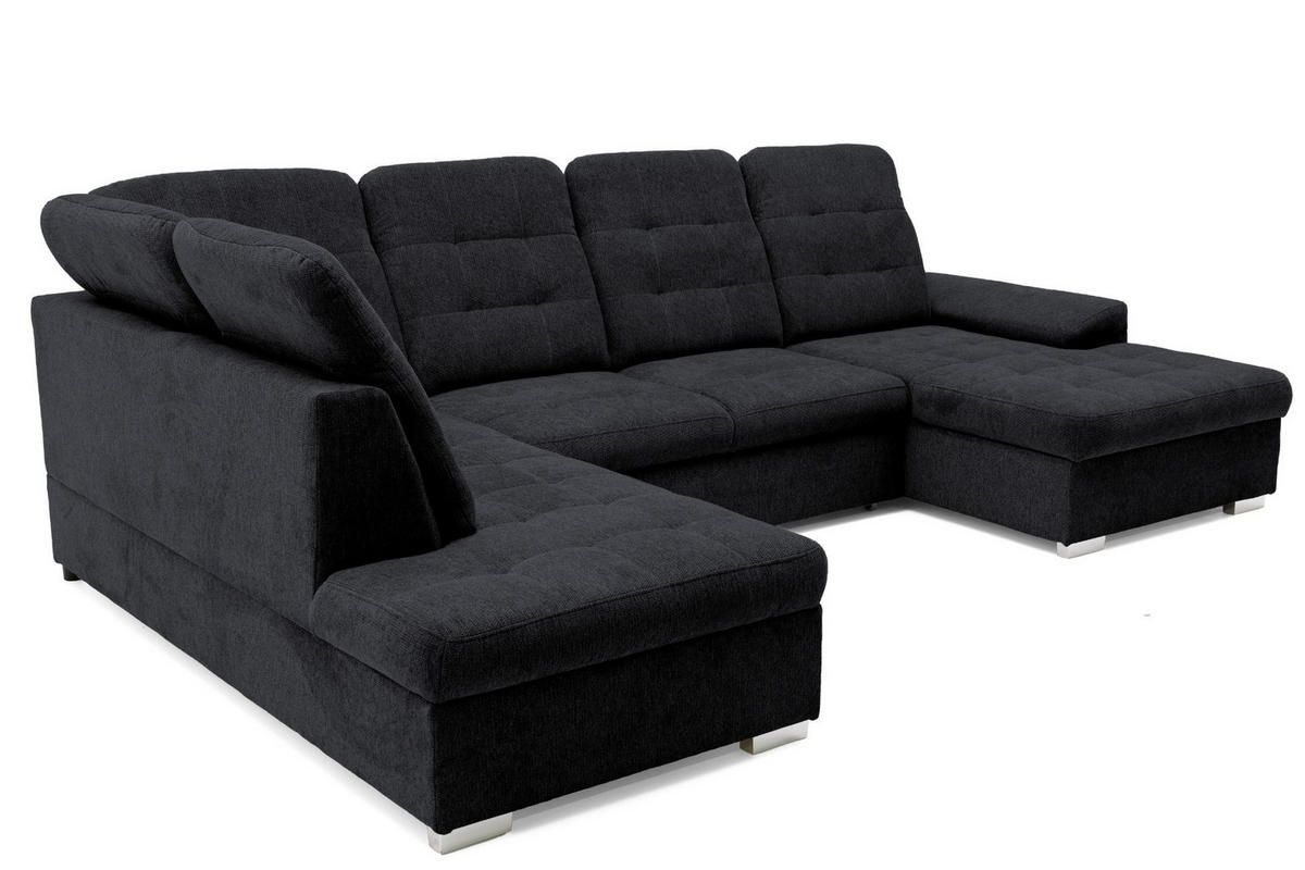 ECKSOFA U-Form OLIVIA U Links mit Schlaffunktion 124x257 Velours Schwarz - Silberfarben/Schwarz, Holz/Kunststoff (320/103/202cm) - Muffo