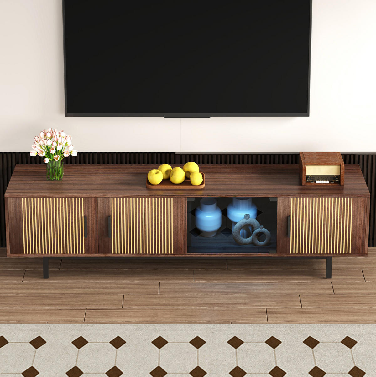 TV-STÄNDER 200/35/53 cm schwarz und Walnussbraun MDF mit intelligentem LED-Lichtstrip und Glastüren - Schwarz, Holzwerkstoff (200/53/35cm) - OKWISH
