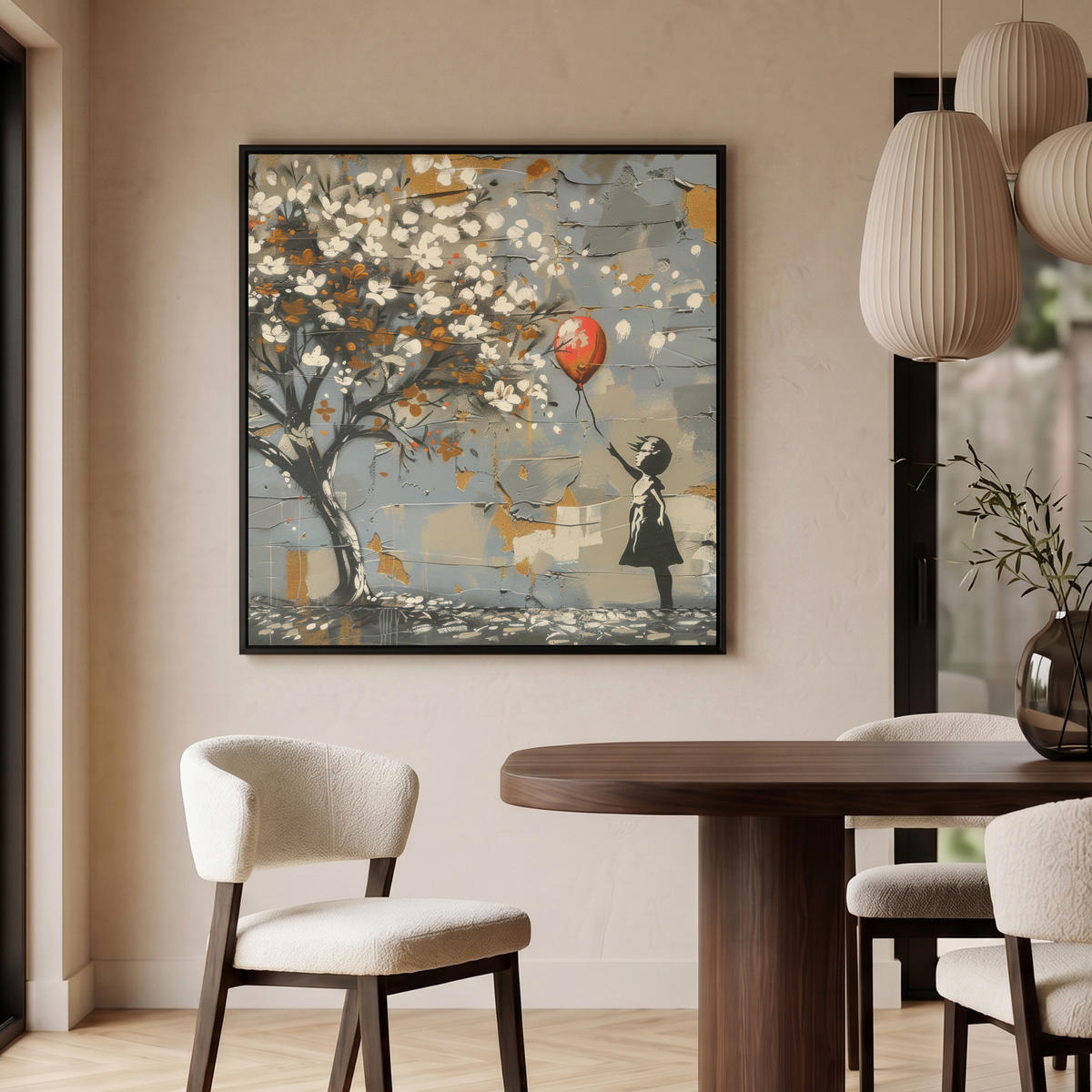 LEINWAND Bilder mit Rahmen - Baum - Graffiti - Banksy-Stil - Ballon-Mädchen - 90x90 - Blaugrau, Textil (90/90cm) - MuchoWow