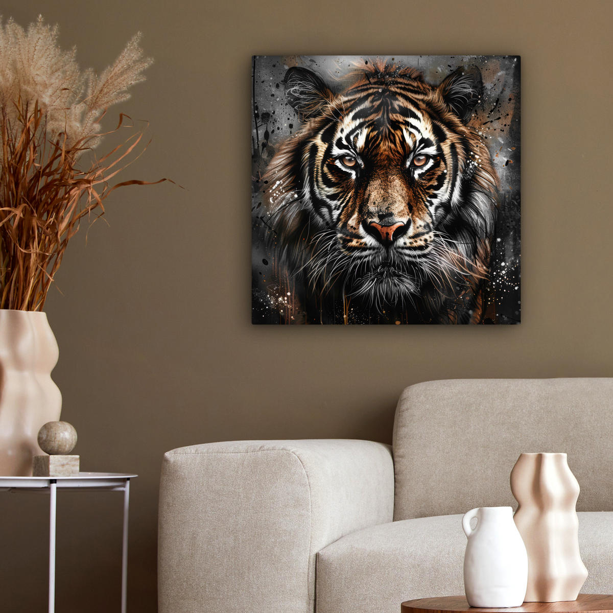 LEINWANDBILD Tiger - Tiere - Porträt - Luxus - Schwarz 50x50 cm - Anthrazit, Textil (50/50cm) - MuchoWow