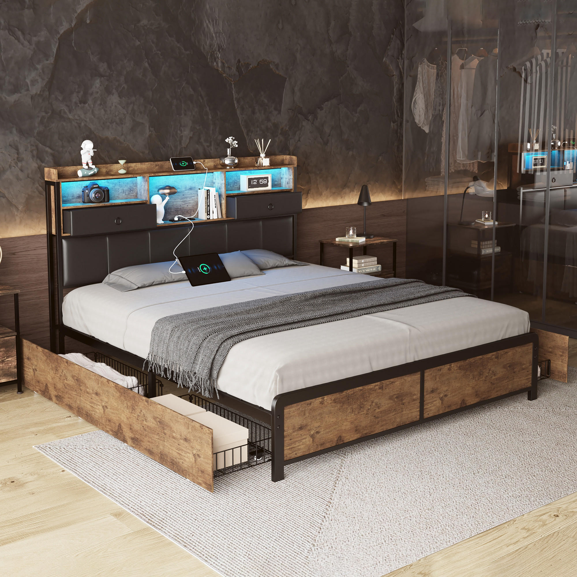 METALLBETT 140x200 cm, 4 Schubladen, LED-Beleuchtung - Schwarz, Textil/Metall (140/200cm)
