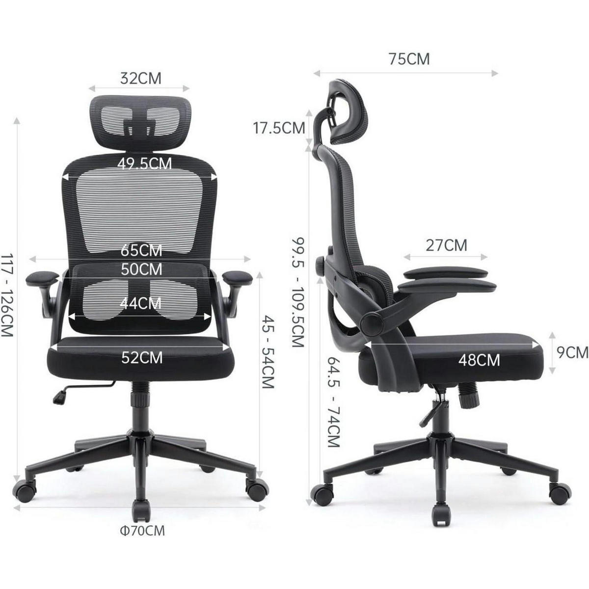 BÜROSTUHL M102C Ergonomisch mit Lendenwirbelstütze Schwarz - Schwarz, Textil (65/126/75cm)