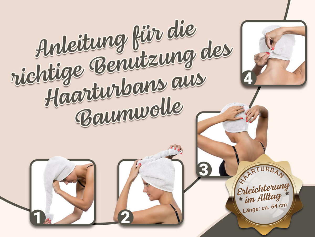 HAARTURBAN, 23x64 cm, 100% Baumwolle, Weiß - Weiß, Textil (23/64cm) - Zollner
