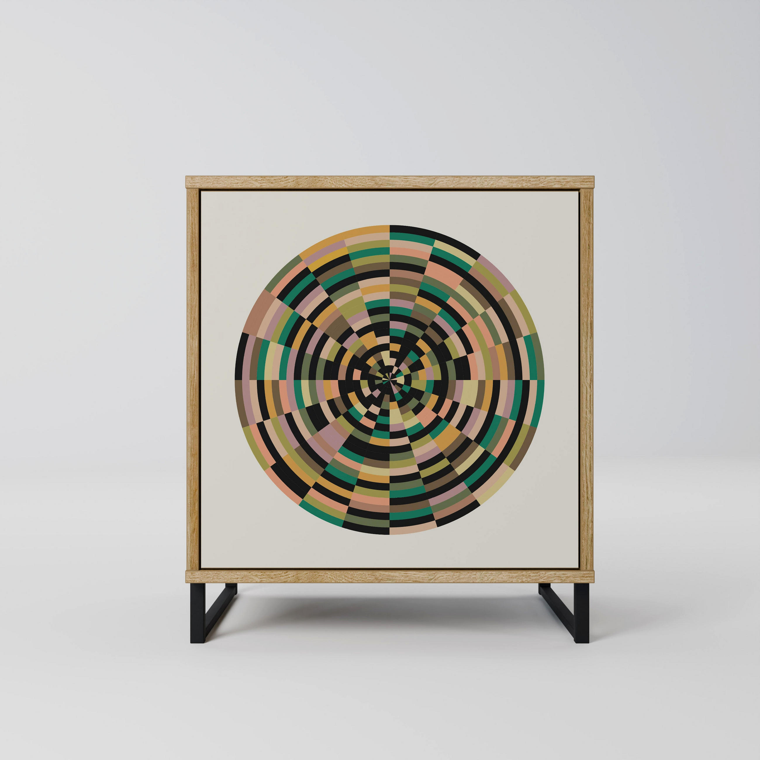 SIDEBOARD GREEN CIRCLES, Eichefarben, 57,5x42x67,5 cm, Schwarze Metall-Rahmenfüße - Eichefarben/Multicolor, Holzwerkstoff/Metall (57.5/67.5/42cm) - SpaceRebels