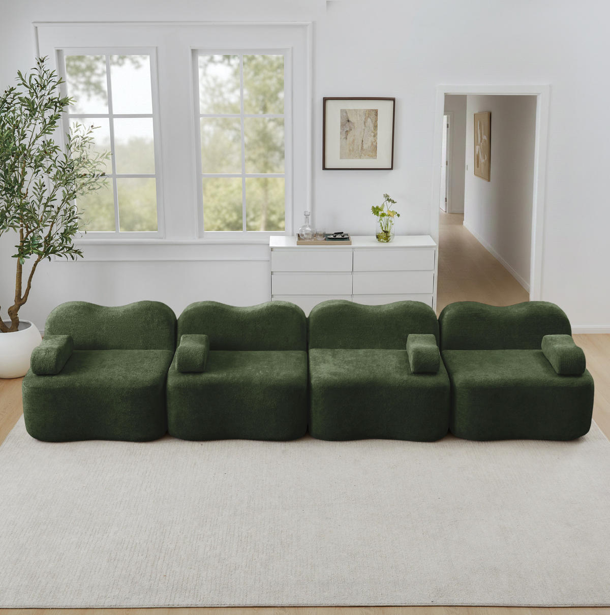 4-MIESTNA pohovka z zamatu 4-miestna 384x98x70 cm zelená s hlbokým sedením, bez rámu, flexibilné usporiadanie - zelená, textil (384/70/98cm) - Modfu