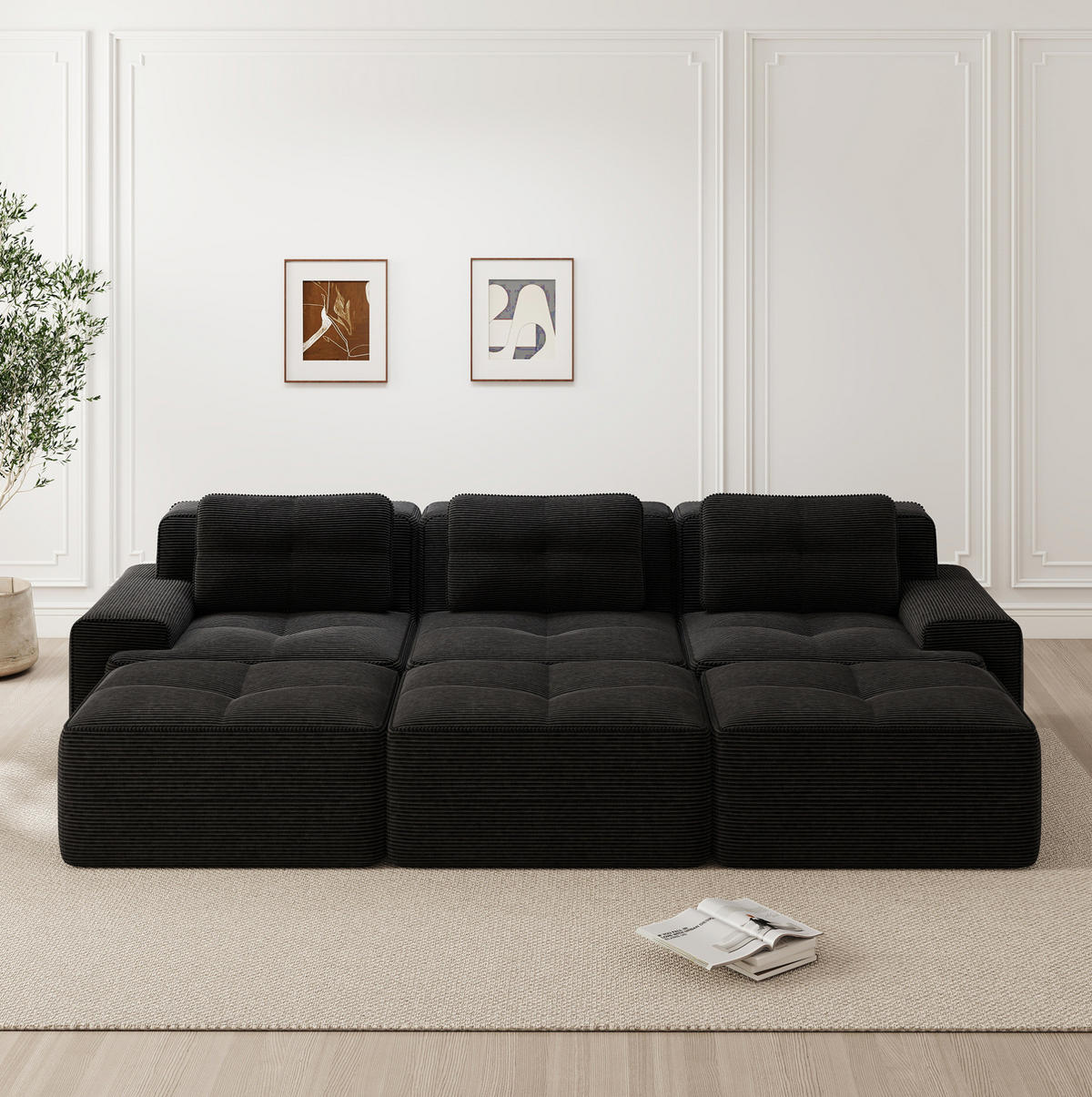 SOFA modular mit Schlaffunktion 74 cm Tiefsitz Cord Black - Schwarz, Kunststoff (177/69/293.2cm) - Meubliv