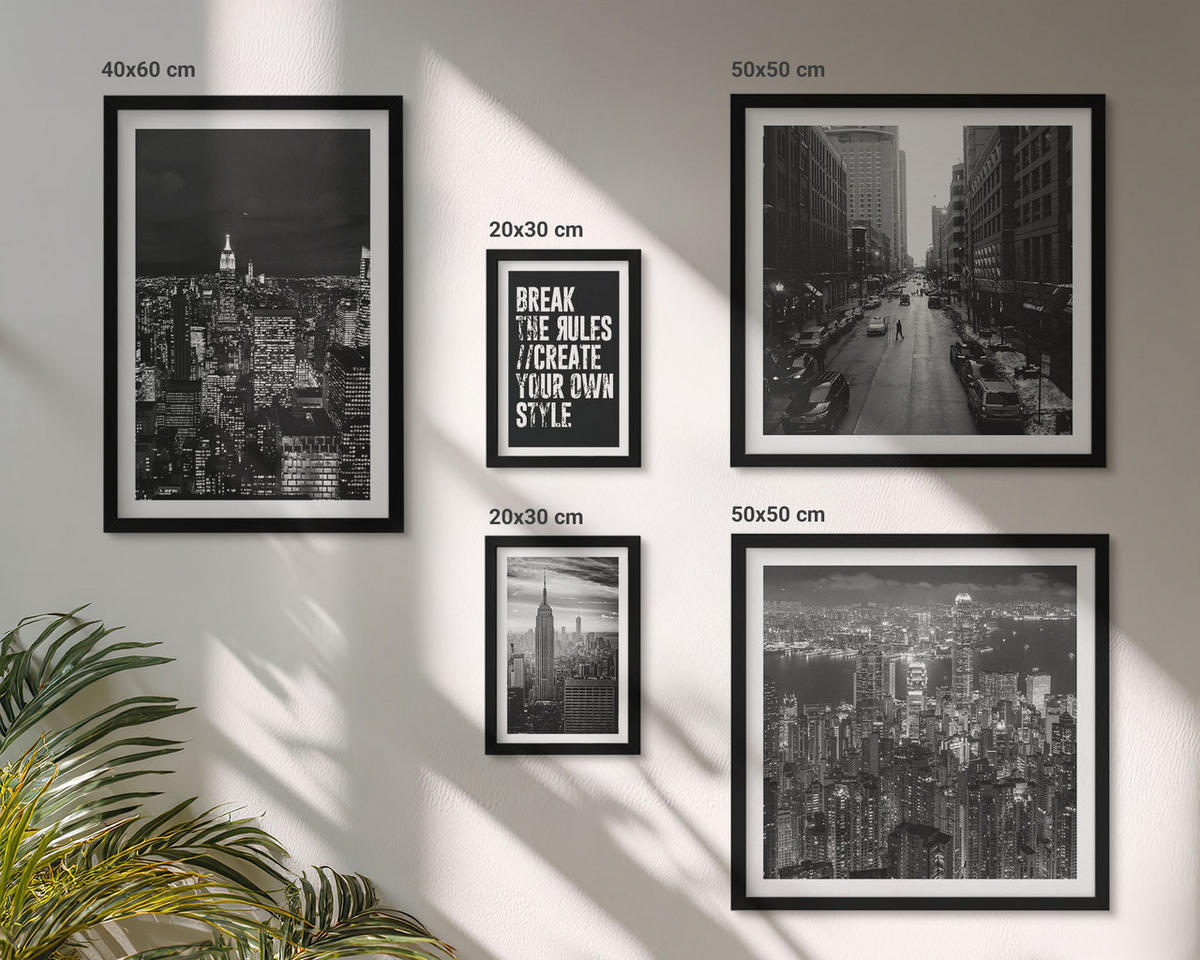 WANDBILDER 5er-Set - 50x50 cm & 20x30 cm & 40x60 cm Schwarzer Rahmen - Inspiration für Schwarz-Weiß-Darstellungen von Stadtstraßen - Schwarz, Kunststoff (40/60cm) - ArtPrintCave