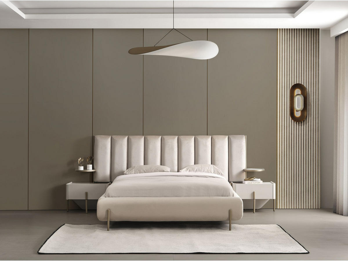 BETTANLAGE VEGA Schlafzimmer-Set, 5-teilig, Beige, Bett mit Kopfteil, 2 Nachttische, Kleiderschrank und Kommode - Beige, Holzwerkstoff (160/200cm)